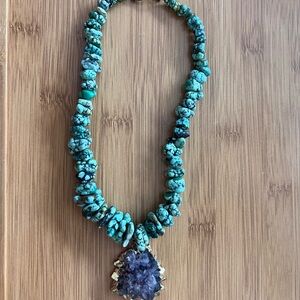 Turquoise Necklace with Amethyst Pendant gold plated back